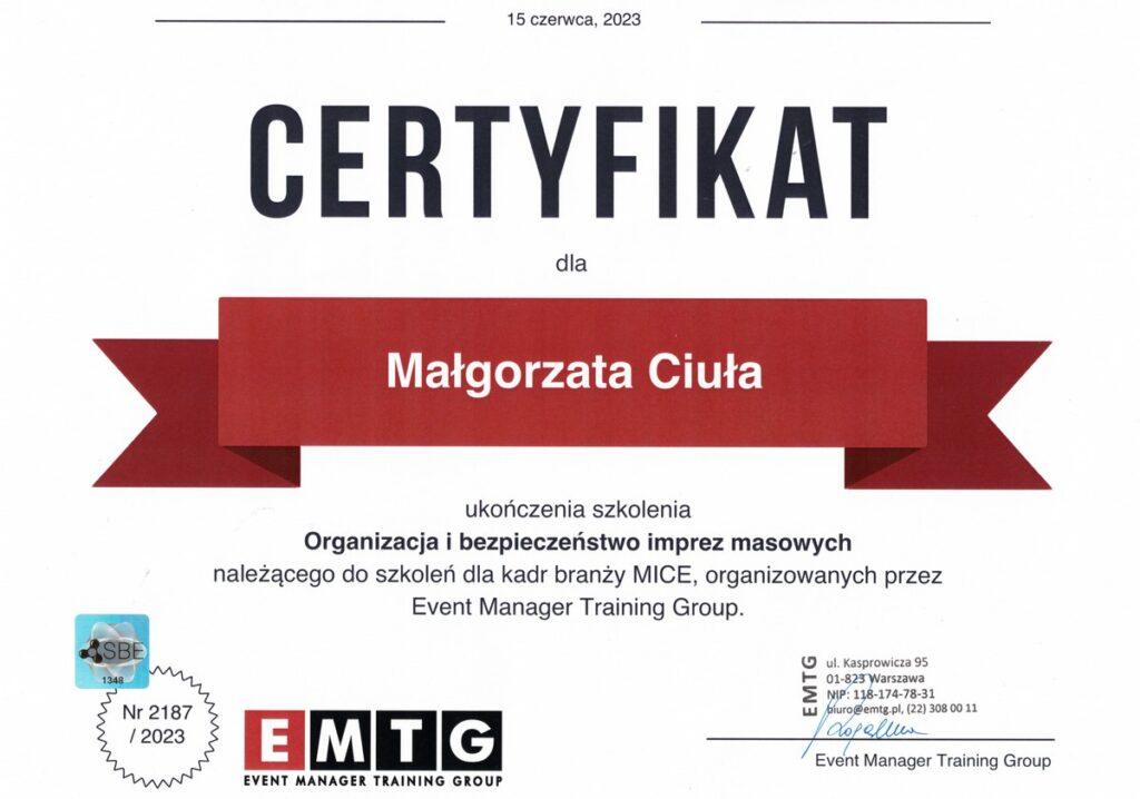 Certyfikat Organizacja I Bezpieczeństwo Imprez Masowych